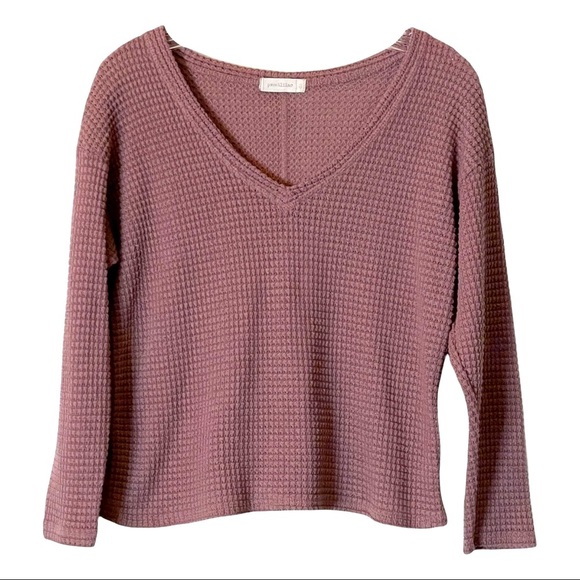 🌺 Sweet Lilac Waffle Knit Mauve V-Neck Pullover Sweater Small Boxy Cropped - Picture 2 of 9